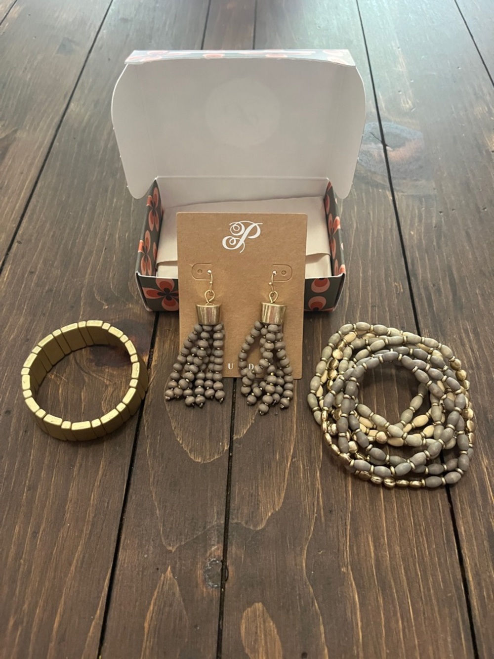 Plunder Taupe and Gold Beaded Tassel Earrings with Bracelets Set